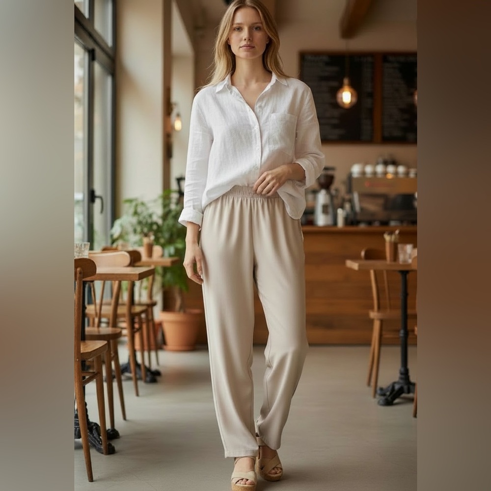 EILEEN FISHER Silk Cotton Flat Front Straight Leg Ankle Pants | Bone Ivory | L